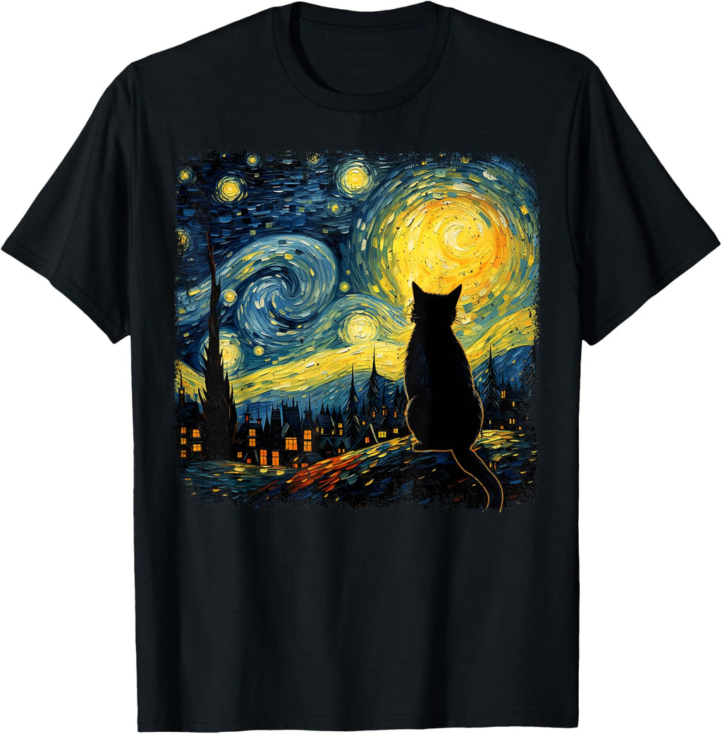 Funny Cat Starry Night Van Gogh Art T Shirts for Cat Lovers Mom Dad Tees