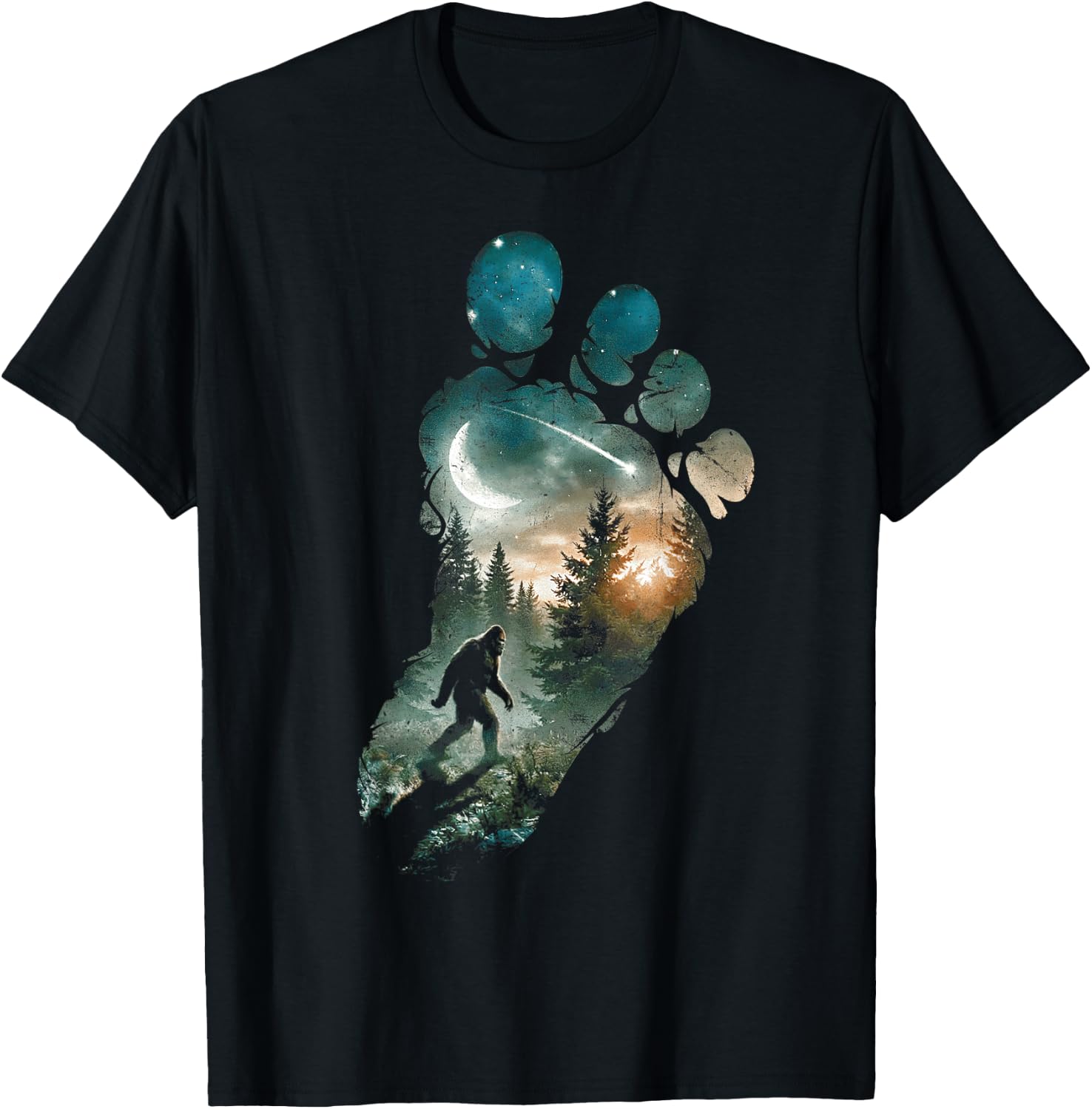 Bigfoot Footprint Moon Light Mountain Trees Forest Sasquatch T-Shirt