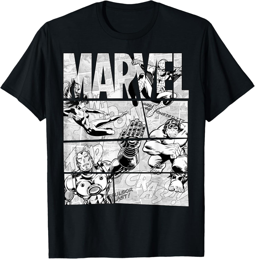 Marvel Avengers Retro Black and White Comic Graphic Short Sleeve T-Shirt