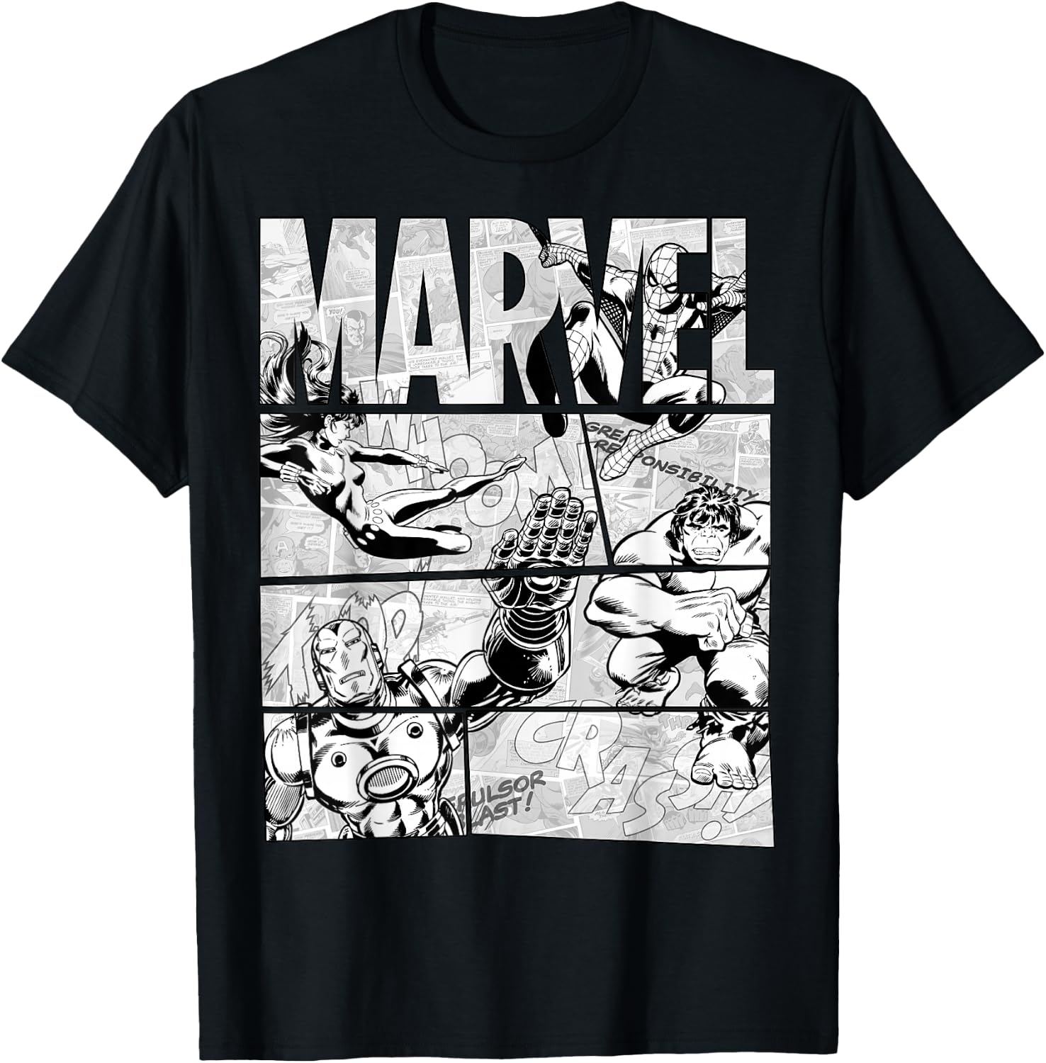 Marvel Avengers Retro Black and White Comic Graphic Short Sleeve T-Shirt