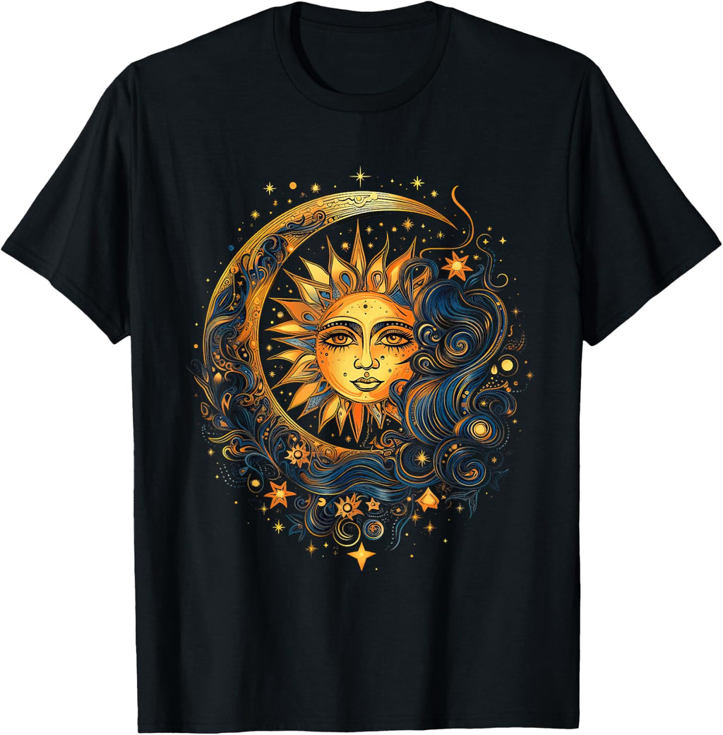 Mystical Sun and Moon with Woman Mystical Flowers Aesthetic T-Shirt
