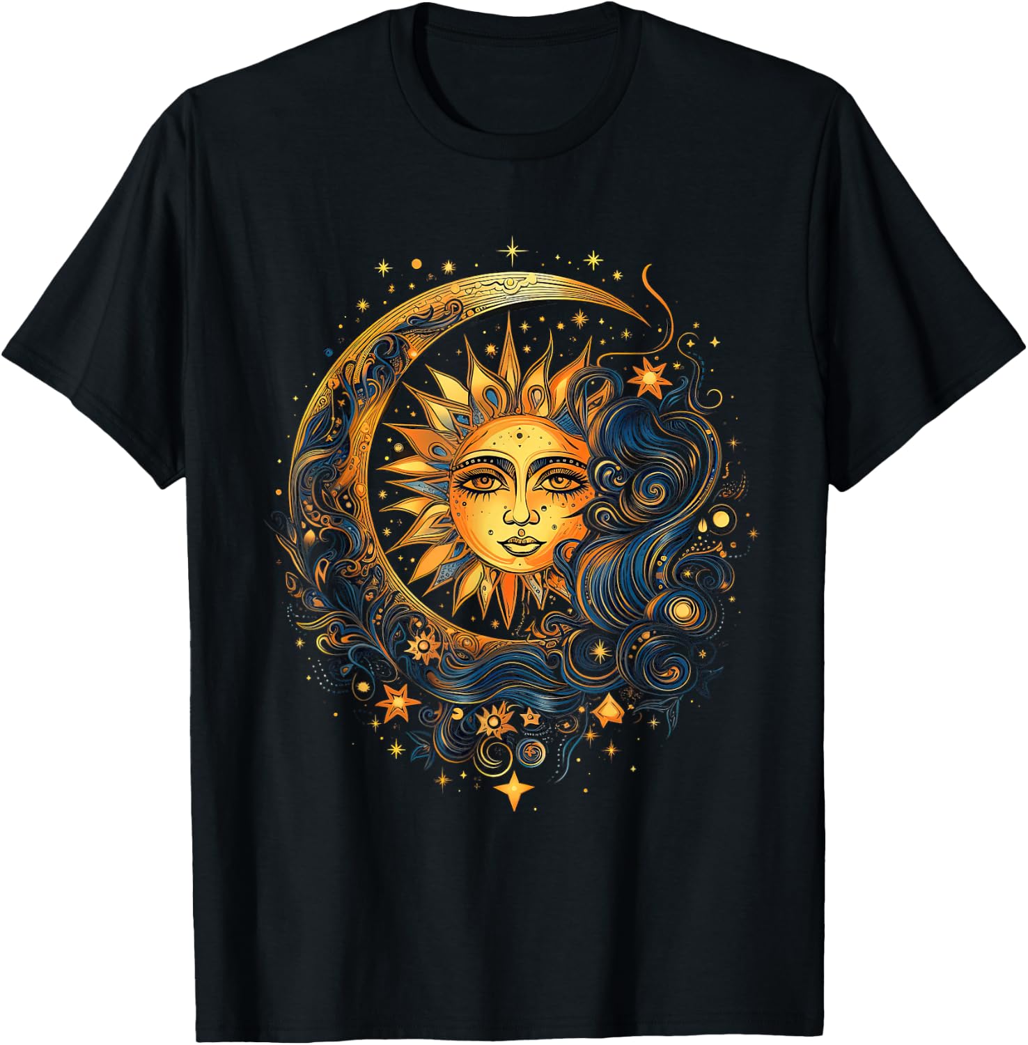 Mystical Sun and Moon with Woman Mystical Flowers Aesthetic T-Shirt