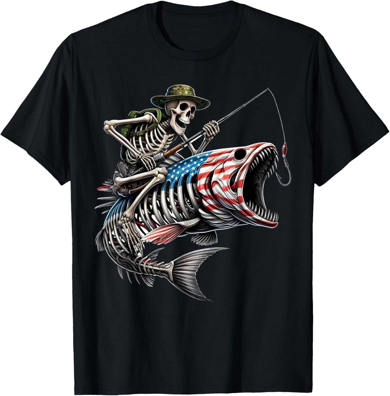 Fishing American Flag Bass Fish Skull Skeleton Fisherman T-Shirt
