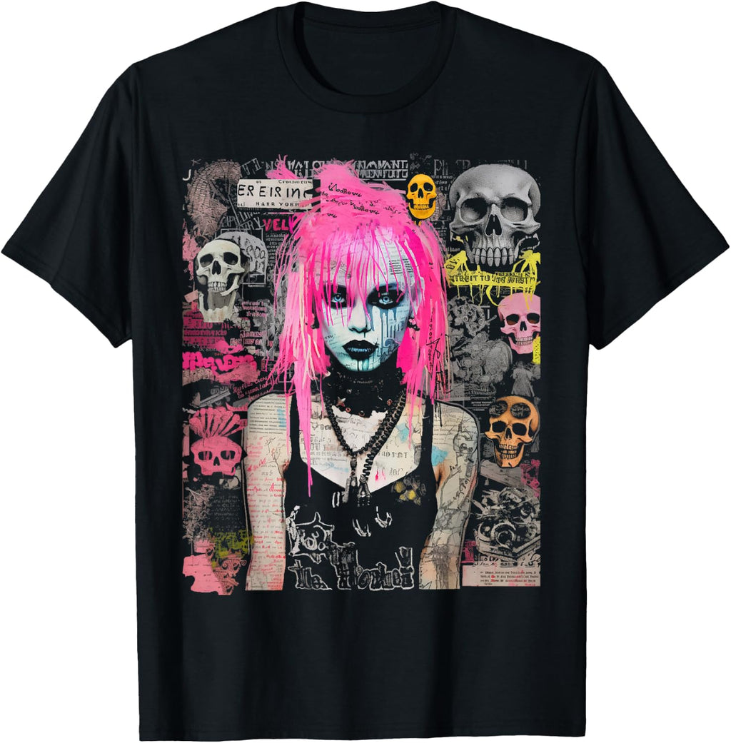 Pink Hair Punk Goth Witch With Skull Collage Background T-Shirt