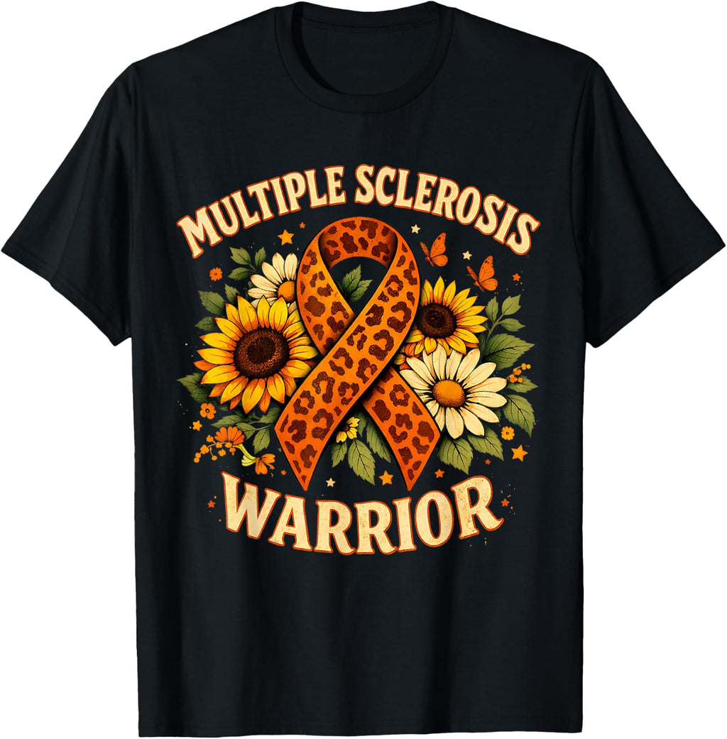 Ms Awareness Sunflower Leopard Ribbon Multiple Sclerosis T-Shirt