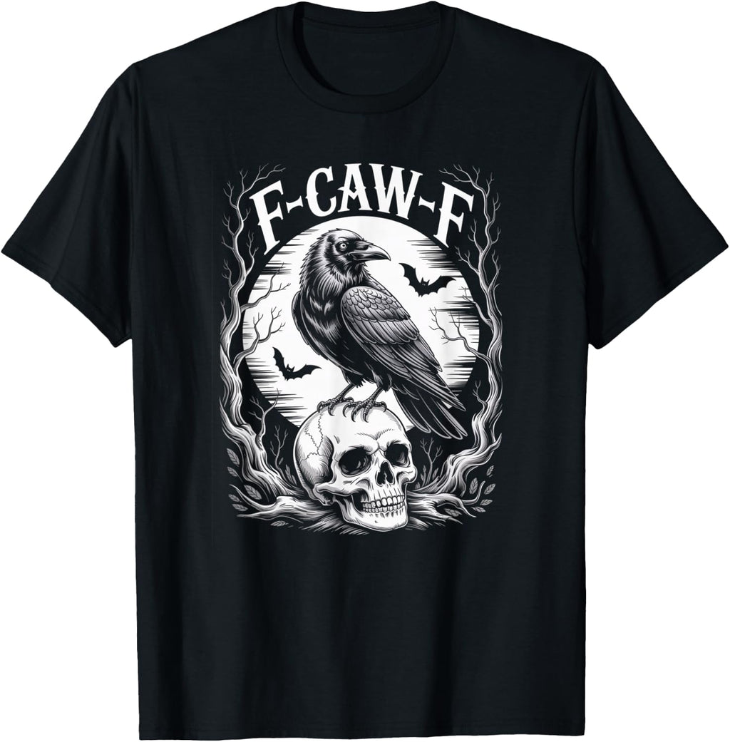 Funny F-CAW-F Black Crow Skull Moon Gothic Adult Humor T-Shirt