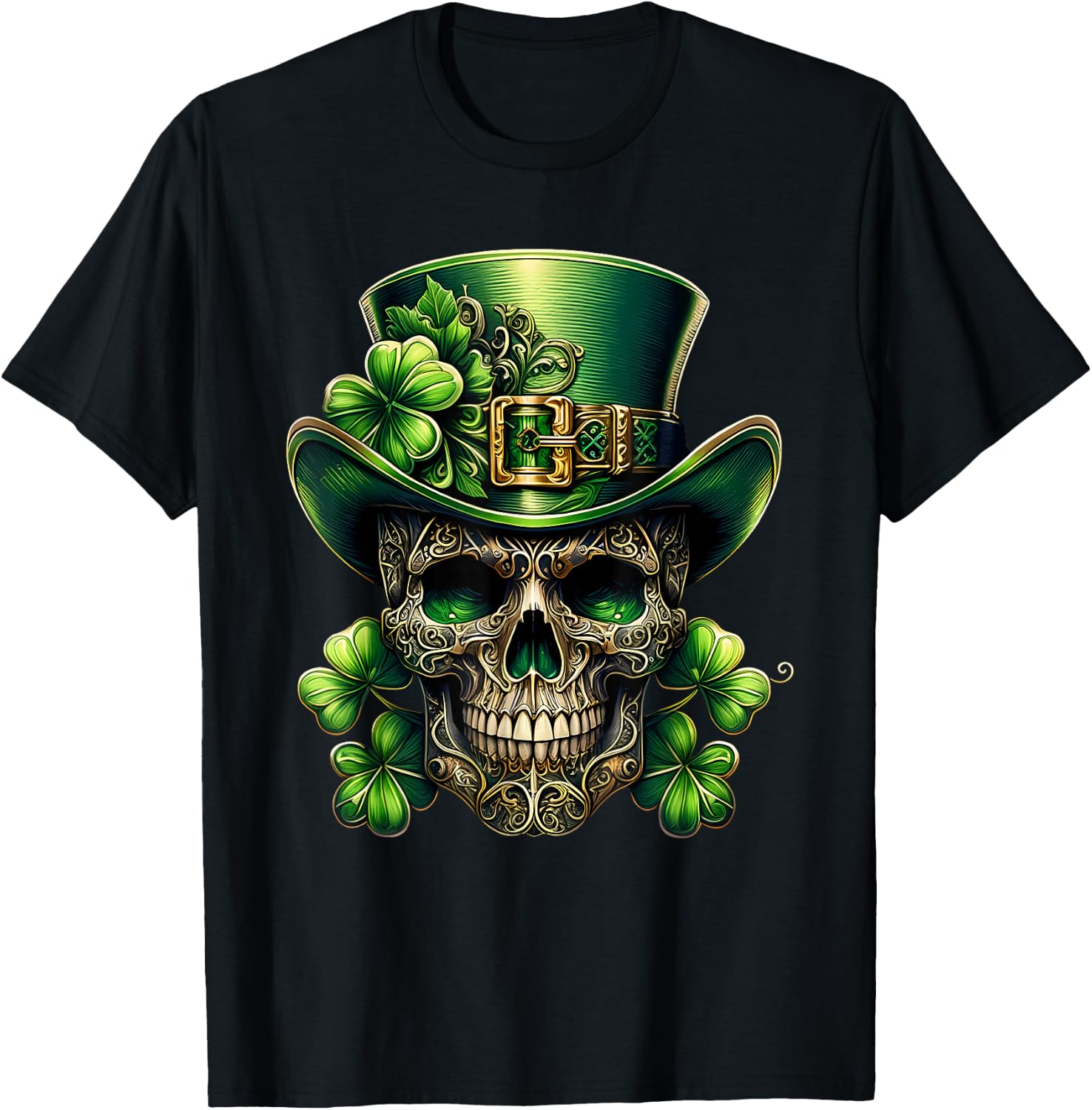 Sugar Skull St Patrick Day of The Dead Lucky Shamrock T-Shirt