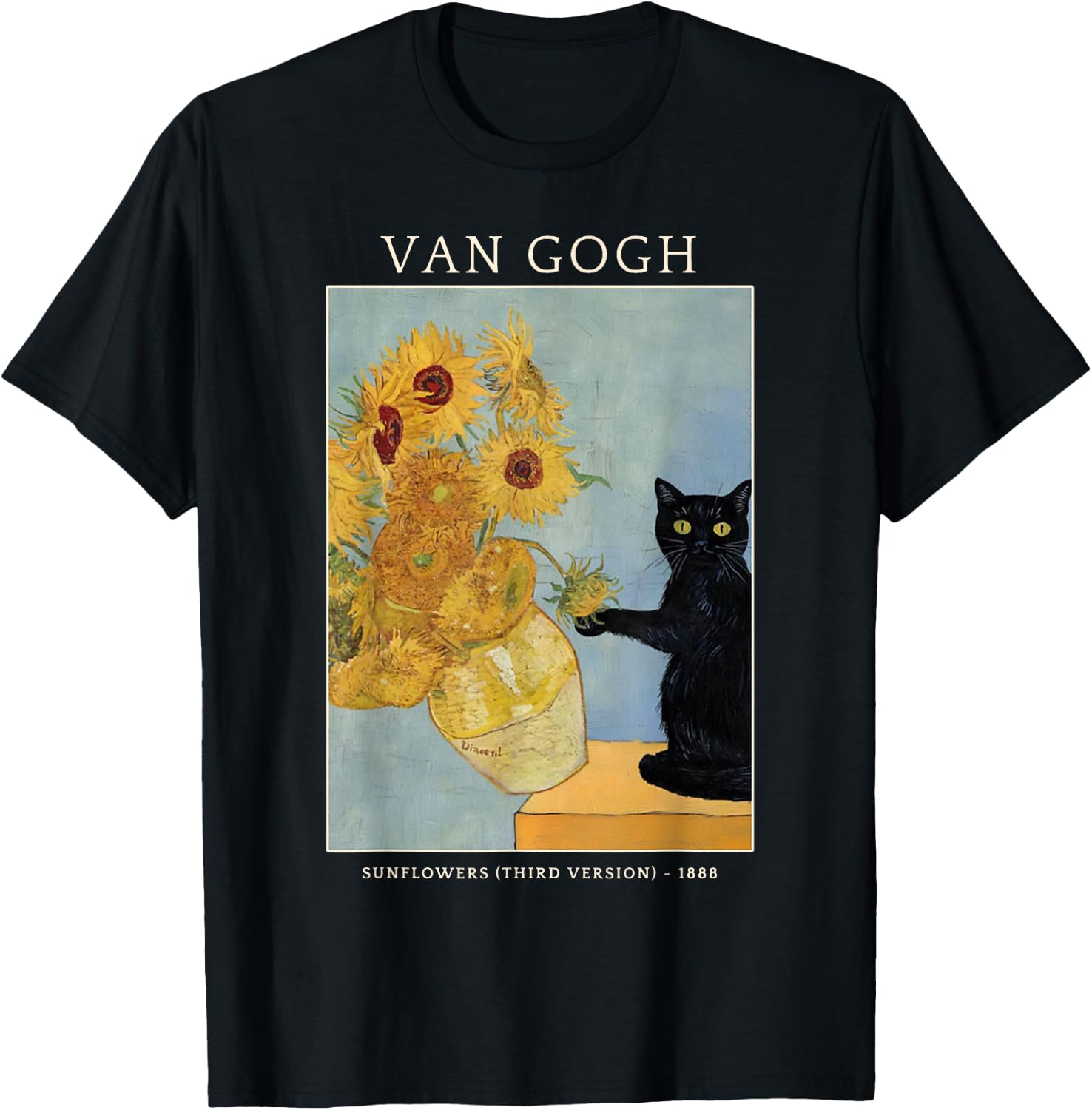 Funny Cat & Sunflowers Van Gogh Art Parody Vintage Tee T-Shirt for Men Women