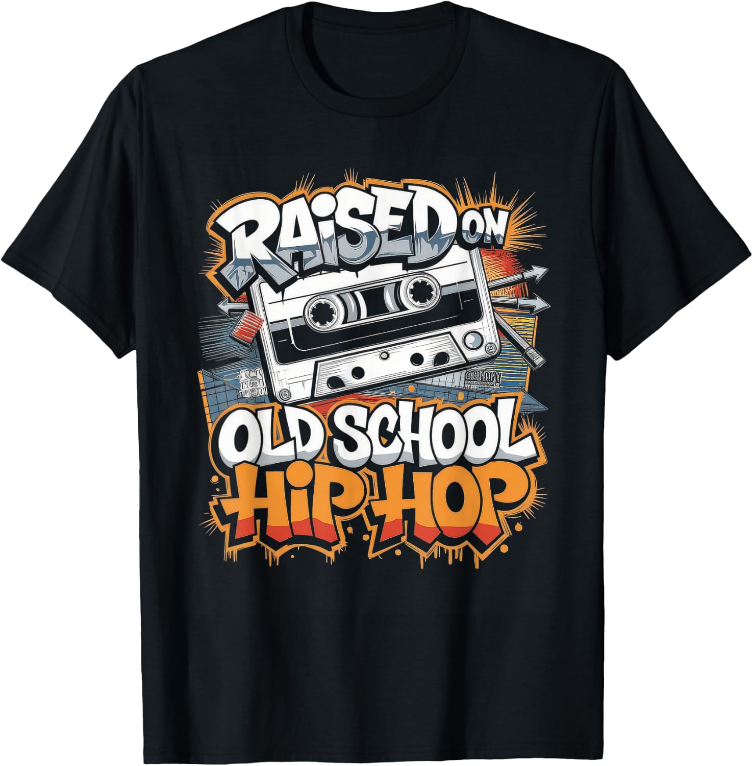 Raised ON Old School Hip HOP Tshirt Cassette Graffiti Rap T-Shirt