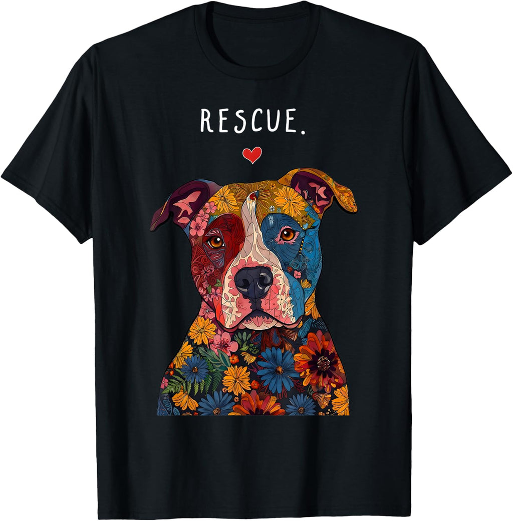 Rescue Pitbull Floral Vintage Art Dog Lover Pittie Mom T-Shirt