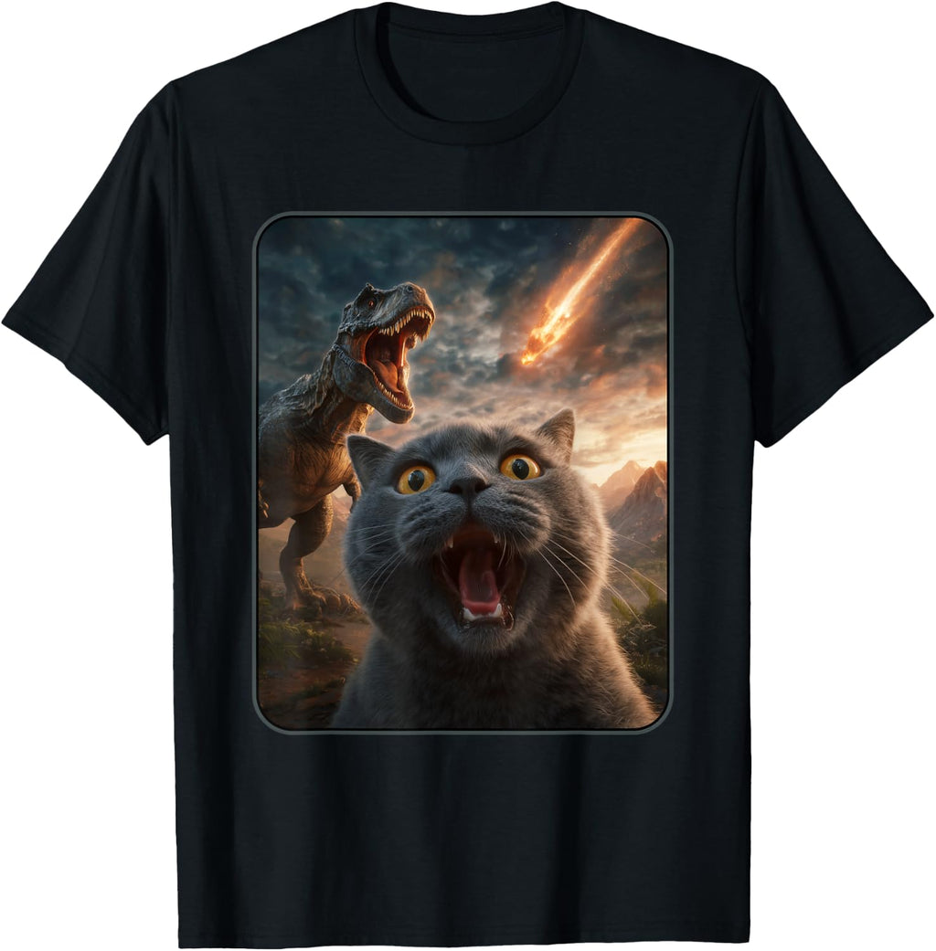 Cat Selfie with T-Rex Dinosaur Funny Cat T Rex Shirt Meme T-Shirt