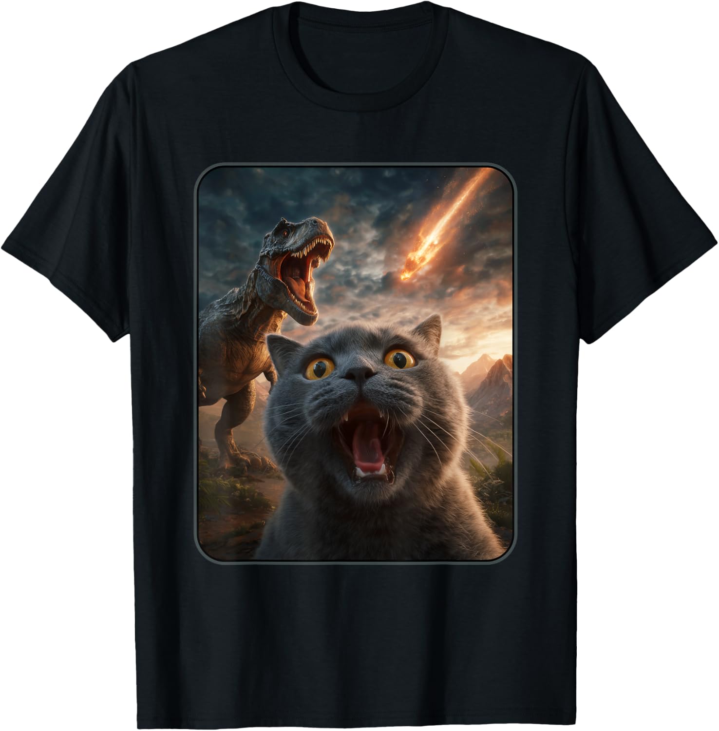 Cat Selfie with T-Rex Dinosaur Funny Cat T Rex Shirt Meme T-Shirt