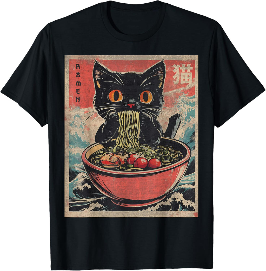 Funny Cat Ramen T-Shirt Japanese Kawaii Anime Graphic Tees for Men Women